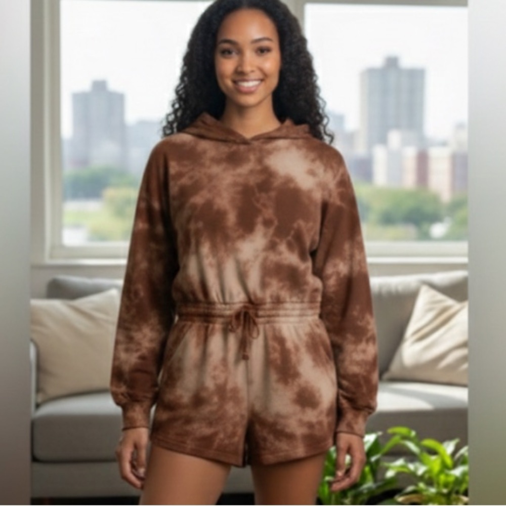 Free People Movement Brown Tie-Dye Hooded Romper Size S